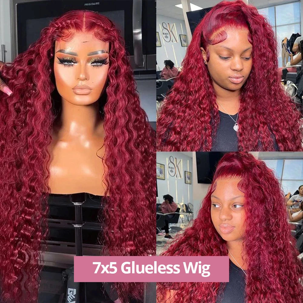 "99J Burgundy Curly 7x5 Lace Closure Glueless Wig – Deep Wave Human Hair, Ready to Wear"