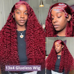 "99J Burgundy Curly 7x5 Lace Closure Glueless Wig – Deep Wave Human Hair, Ready to Wear"