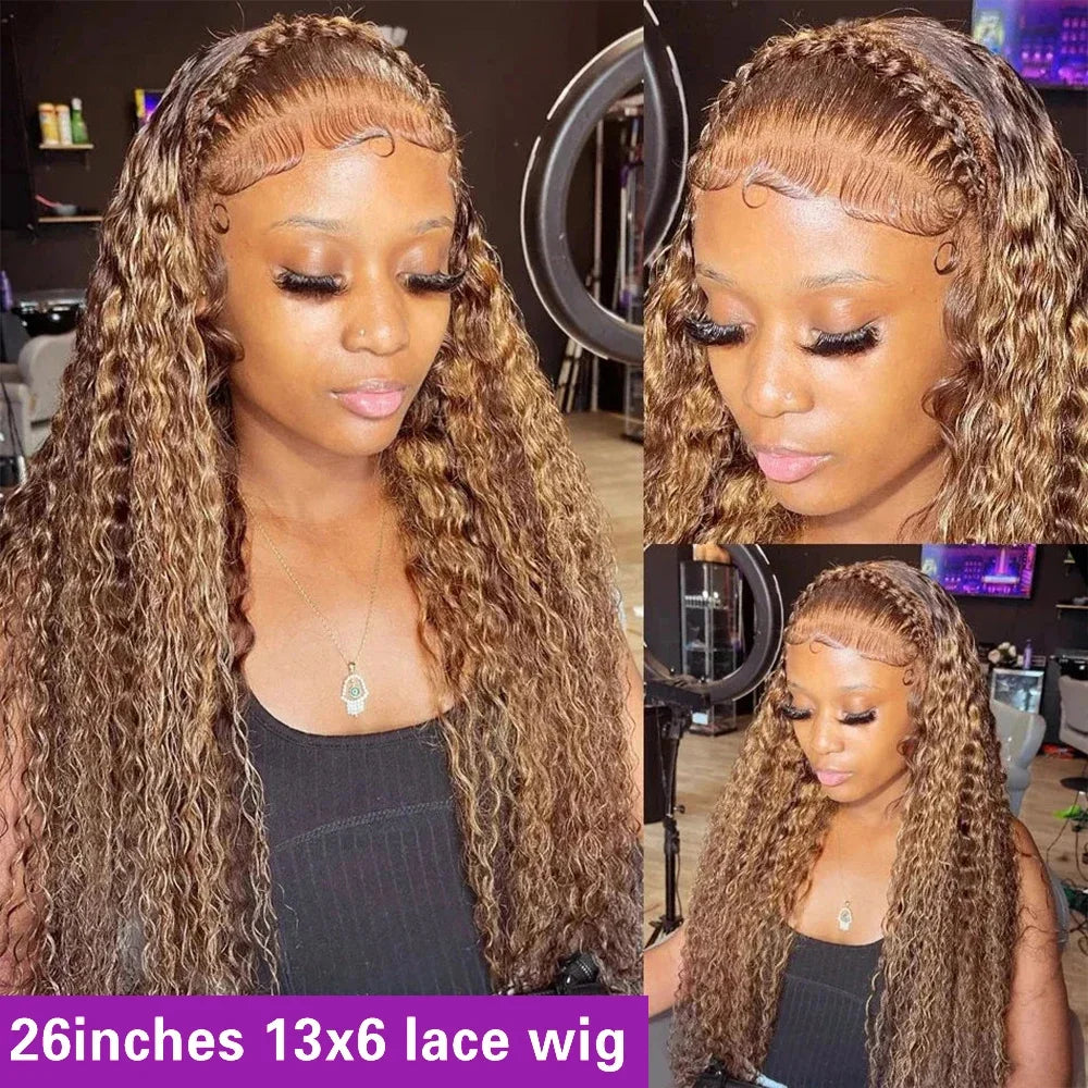 "P4/27 Deep Wave Curly Wig – 200 Density 13x4 HD Transparent Lace Front, 100% Human Hair"